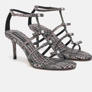 ZARA: Plaid Checked Fabric Mid-Heeled Sandals